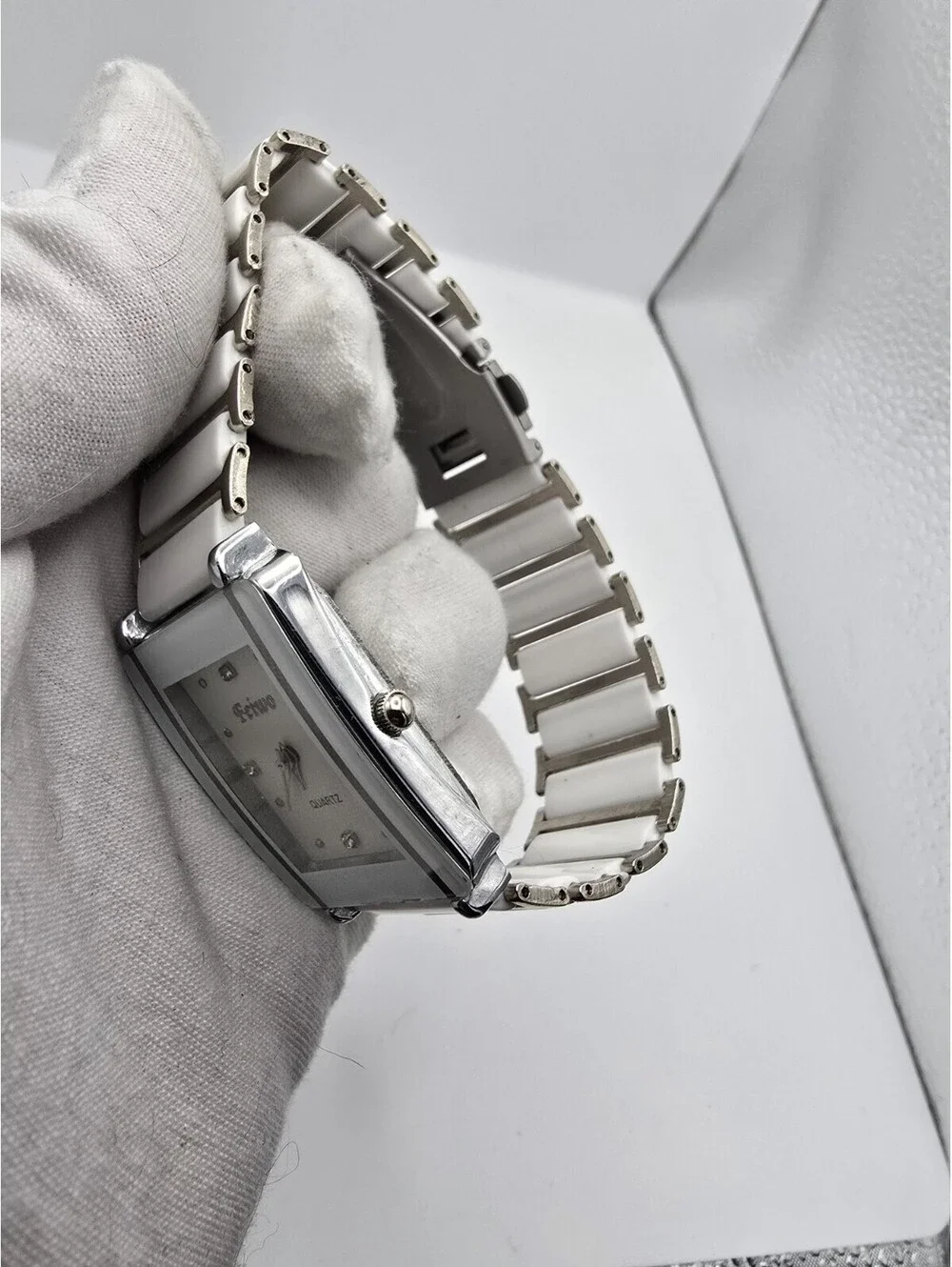 Feiwo Rectangular Quartz Watch White Ceramic Style Bracelet Crystal Markers